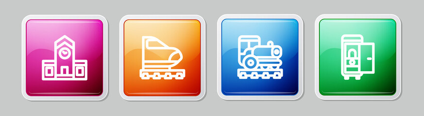 Set line Railway station, High-speed train, Vintage locomotive and Toilet the car. Colorful square button. Vector