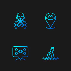 Set line Bottle with message in water, Location pirate, Skull crossbones and . Gradient color icons. Vector