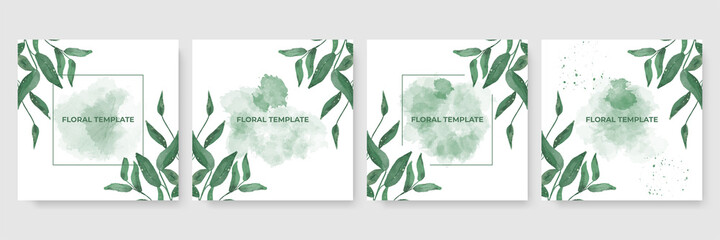 Summer sale green floral watercolour vector poster, banner template. Season backgrounds. Tropical frame with sand beach, water, leaves and fruits