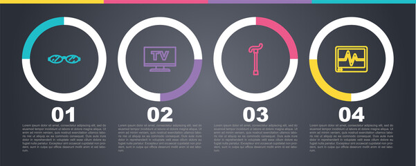 Set line Eyeglasses, Smart Tv, Walking stick cane and Monitor with cardiogram. Business infographic template. Vector