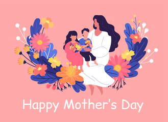 Happy mother's day greeting card pink illustration. Cute family, mother with her kids sitting on the flower swing boat