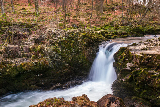 A winter 3 shot HDR image of Skelwith Force waterfall near Skelwith Bridge in Cumbria, England.