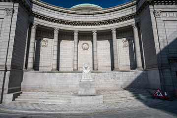 A photograph of the Cowdray Hall war memorial taken in Aberdeen, Scotland with lion sculpture to the fore.