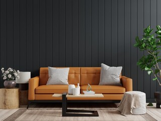 Mockup wall in dark living room interior background with Leather sofa and table on empty dark wooden wall background.