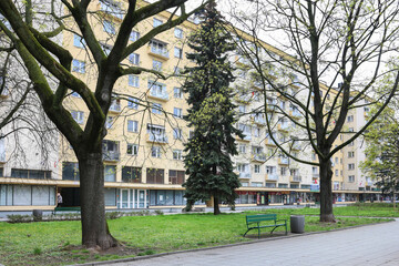 KRAKOW, POLAND - MAY 01, 2021: Architecture of Nowa Huta a district in the style of socialist...