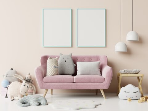 Modern and design Mockup posters in child room interior, posters on empty white wall background.