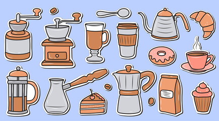 set of stickers coffee time. coffee grinder, desserts for coffee, a cup of coffee, coffee sakan, kettle. illustration in cartoon style.