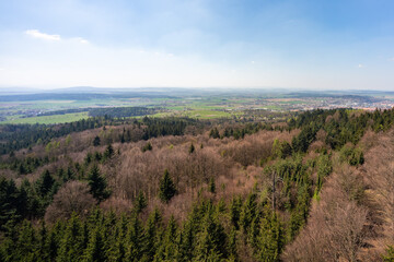 View from Jarnik tower. Auntumn color. View on medieval Town Pisek above the river Otava, Czech Republic. Landscape, trees, forest, nature, clear sky. South Bohemia.
