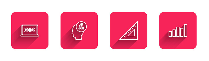 Set line Chalkboard, Function mathematical symbol, Triangular ruler and Graph, schedule, chart, diagram with long shadow. Red square button. Vector