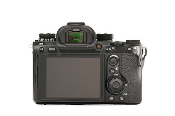 Mirrorless Sony alpha A9 with sony 135 GM Master. On white background.