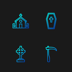 Set line Scythe, Grave with cross, Church building and Coffin. Gradient color icons. Vector