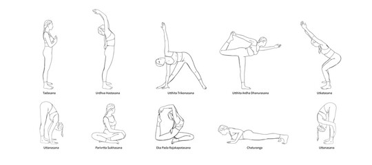 Yoga asana set performed by woman. Yoga poses with inscriptions. Sketch vector illustration