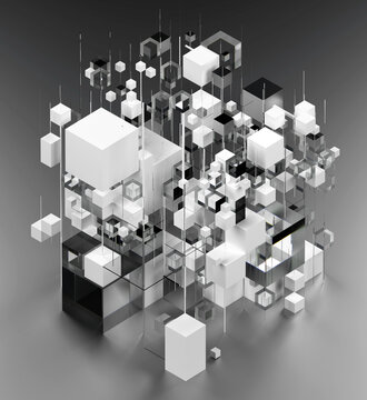 3d render of abstract art 3d composition with surreal industrial build construction in cubical form based on big and small boxes and rectangles in white plastic silver metal and glass material 