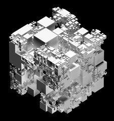 3d render of abstract surreal 3d cyber cube build structure based on small and big boxes particles in white plastic material on isolated black background in isometric view