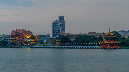 Panorama of the lotus pond in Kaohsiung, Taiwan. Image taken at sunset on a cloudy day.