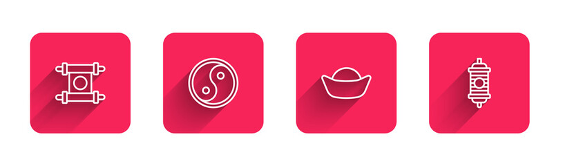 Set line Decree, paper, parchment, scroll, Yin Yang, Sushi and Chinese lantern with long shadow. Red square button. Vector