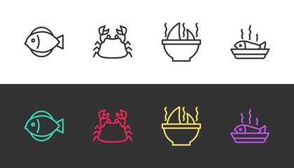 Set line Fish, Crab, Shark fin soup and Served fish on plate on black and white. Vector