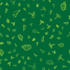 Set line Fishing harpoon, Mussel and Served fish plate on seamless pattern. Vector