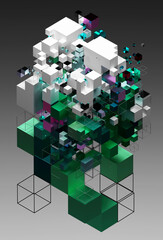 Obraz premium 3d render of abstract 3d art with surreal build cubical structure based on small and big boxes in white plastic green and purple metal and blue glass material on grey gradient color background