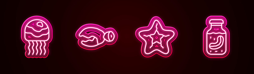 Set line Jellyfish, Lobster or crab claw, Starfish and Sea cucumber in jar. Glowing neon icon. Vector