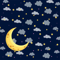 Obraz na płótnie Canvas Hanging clouds,stars and moon paper art style on night background.Vector illustration.