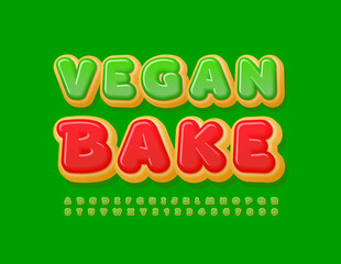 Vector Bright Sign Vegan Bake. Cute Kids Font. Green Alphabet Letters and Numbers set
