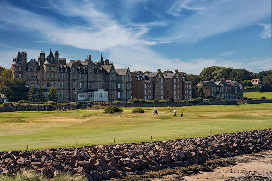 North Berwick Golf Club field with buildings in background.