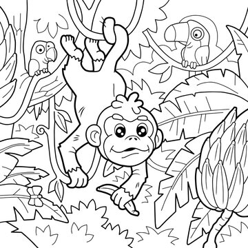 cartoon cute monkey, coloring page, funny illustration
