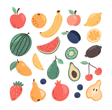 Set of simple hand drawn doodle fruits and berry isolated on white isolated background. Modern style simple flat vector illustration