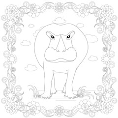 Hippo in floral frame coloring page monochrome art design element stock vector illustration for web, for print