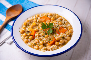 Chickpea stew and rice with vegetables