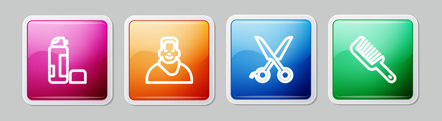 Set line Shaving gel foam, Client barbershop, Scissors hairdresser and Hairbrush. Colorful square button. Vector