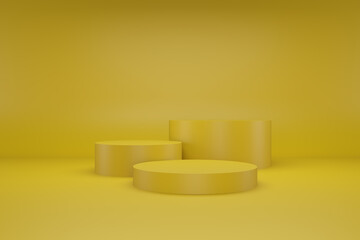 Yellow podium or stage in the yellow room, Minimal background for product stand, 3d rendering studio with geometric shapes.