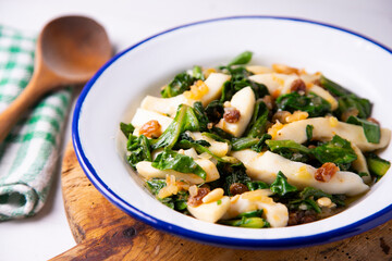 Squid with chard traditional Spanish tapa