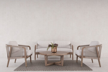 Living room interior wall mock up with beige sofa and wooden, modern living room interior background, 3d rendering
