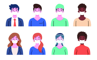 Set of people wearing protective medical face masks to prevent disease, flu, air pollution, contaminated air, world pollution. Men and women protect themselves from corona, covid-19, 2019-Ncov.