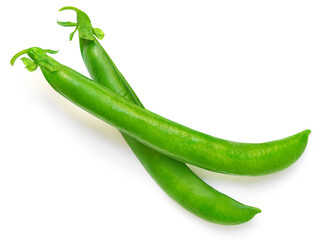 Green beans isolated on a white background. Fresh pea pods. Top view. Flat lay