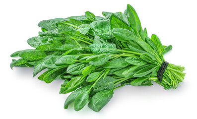 Spinach leaves isolated on white background. Bunch of fresh green baby spinach Top view. Flat lay.