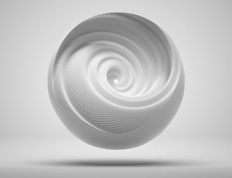 3d Render Of Abstract Art Of Surreal 3d Mechanical Ball In Swirl Infinity Twisted Round Shape In Light Grey Matte Plastic Material With Light Inside On White Background