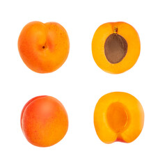 Creative layout made of Isolated Apricots. Fresh Apricot  fruits on white background, sliced and whole, closeup.
