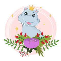 Cute cartoon hippo with flowers natural decoration . Greeting card.