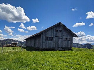 Obraz premium small old wooden hut on the hill with a fantastic view of the hills in the zurich oberland. Near the Hoernli. Swiss