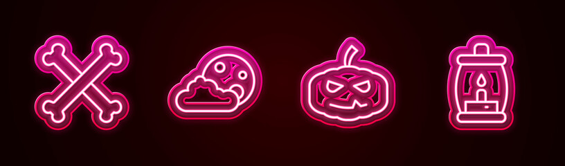 Set line Crossed bones, Moon and stars, Pumpkin and Camping lantern. Glowing neon icon. Vector