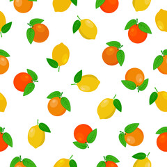 Citrus lemon orange bright summer seamless pattern featuring ripe yellow lemons and orange oranges with green leaves. Vector illustration on white background.