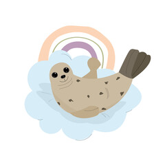 a cheerful seal lies on a cloud and waves its flippers. children's vector illustrator isolated on a white background.
