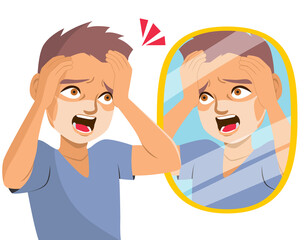 Young man shocked looking on mirror with medical mask white skin tan line problem