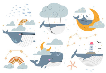 Celestial whales vector set. Collection of various fantasy illustrations with whales.