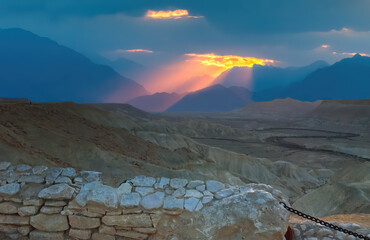 Volcanic landscape at dawn in desert of the Negev, Israel., Middle East