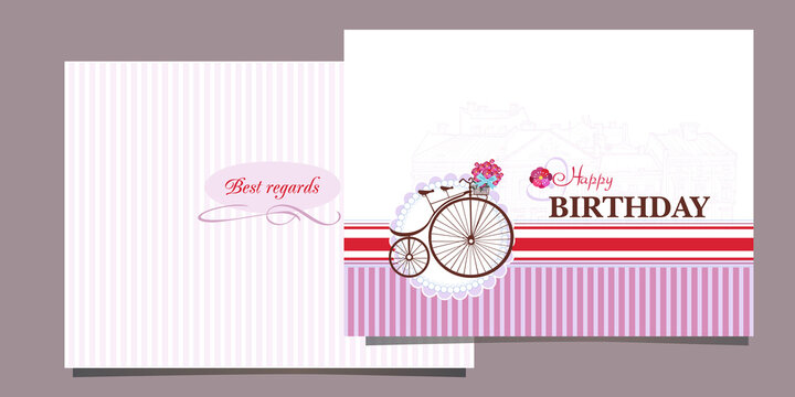 Postcard Happy Birthday card with 
bike and flowers in a town