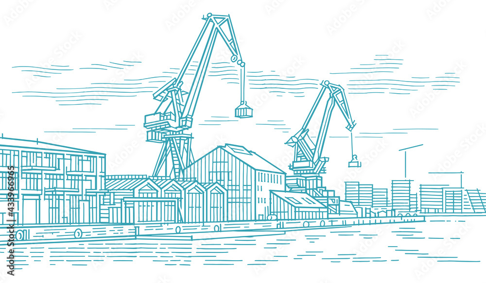 Wall mural Industrial port line sketch, vector. 